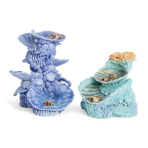 Tall Tiered Dish with Shells Blue