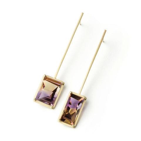 Golden Suspended Frame Ametrine Earrings by Melanie Katsalidis